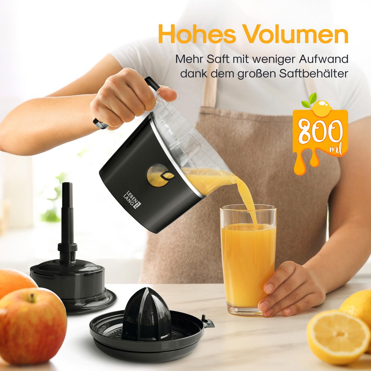 LEBENLANG Saftpresse elektrisch 800ml & Verstellbares Sieb - Orangenpresse, Zitruspresse, Zitronenpresse Obstpresse I Orangensaftpresse