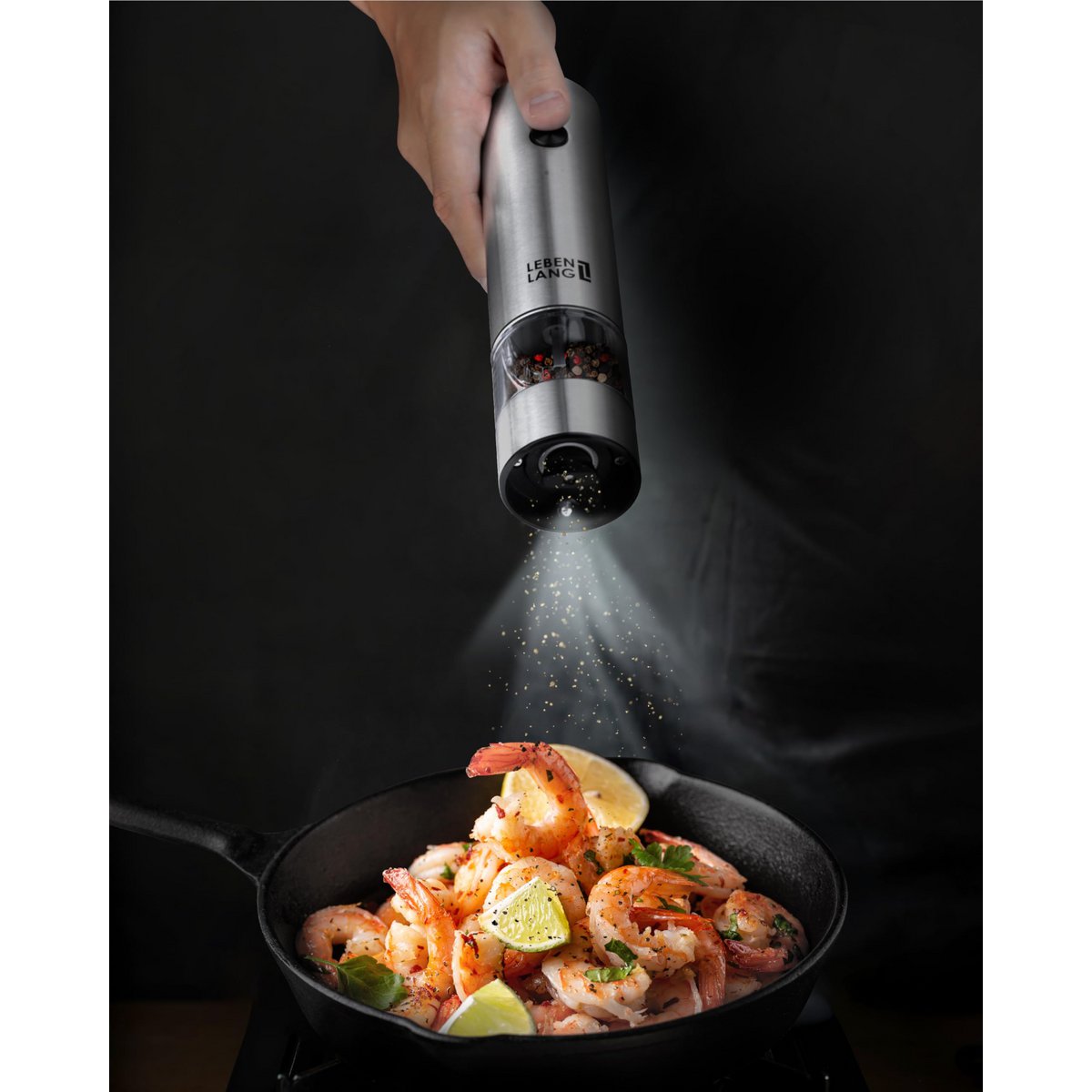 LEBENLANG Salz und Pfeffermühle Elektrisch - Wiederaufladbar & Viel Zubehör I Batterie Set I Pfefferstreuer Pfeffer und Salzmühle für grobes Salt