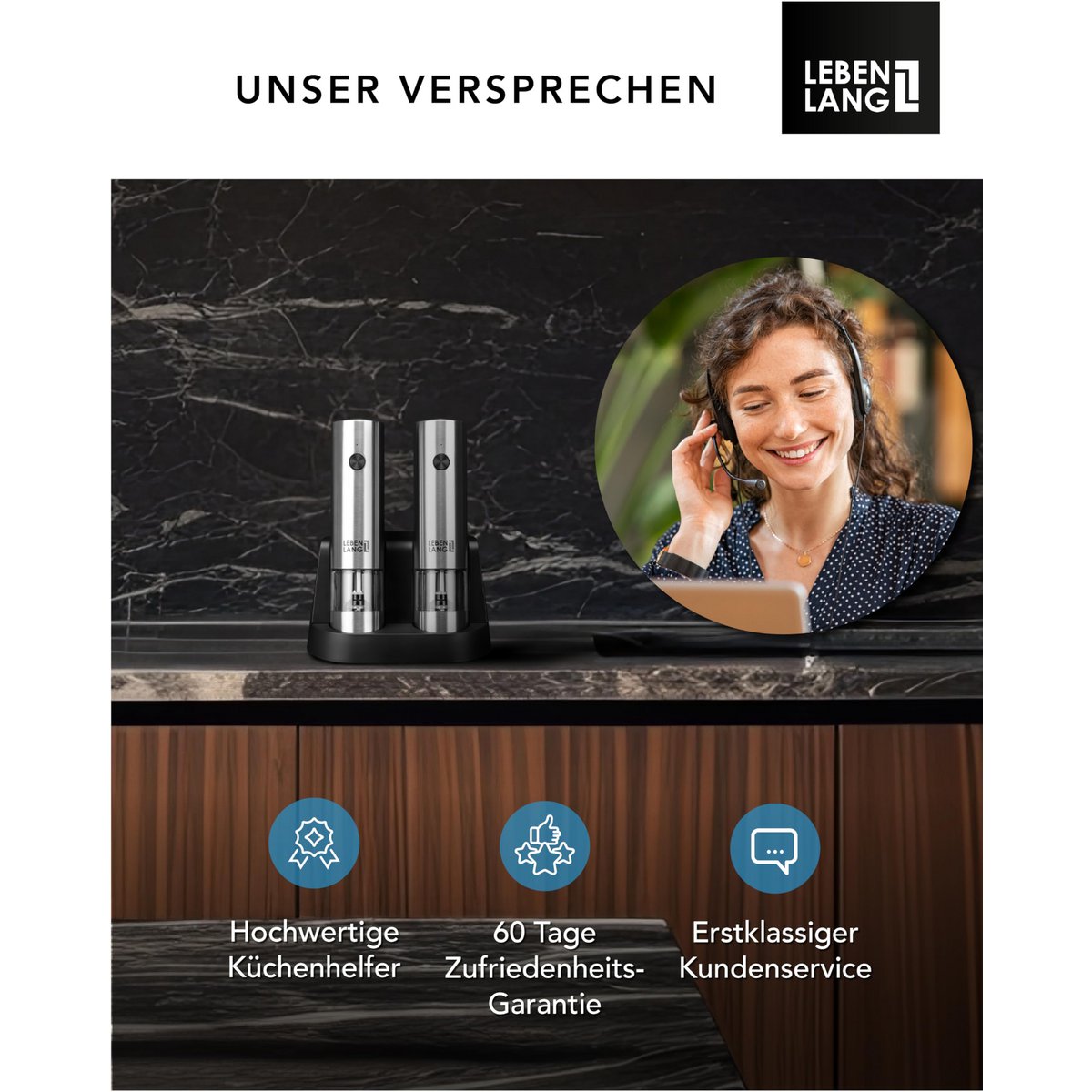 LEBENLANG Salz und Pfeffermühle Elektrisch - Wiederaufladbar & Viel Zubehör I Batterie Set I Pfefferstreuer Pfeffer und Salzmühle für grobes Salt