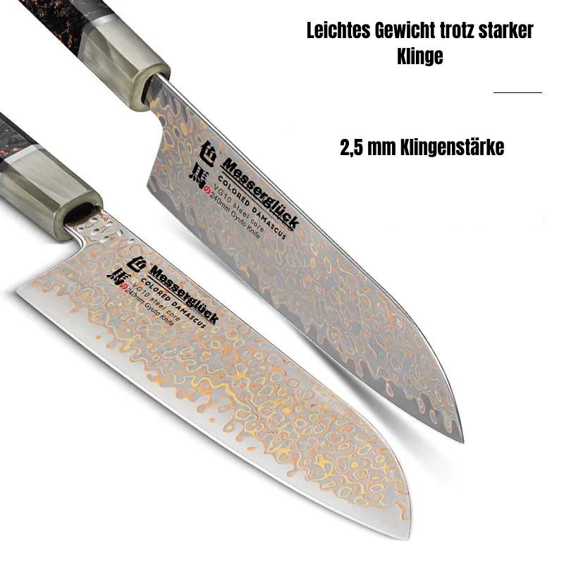 "SANTOKU" Luxury Damascus Steel Kitchen Knife, VG-10 Core, Made of Carbon Fiber and Copper / Lifetime Guarantee / FREE Sharpening Stone