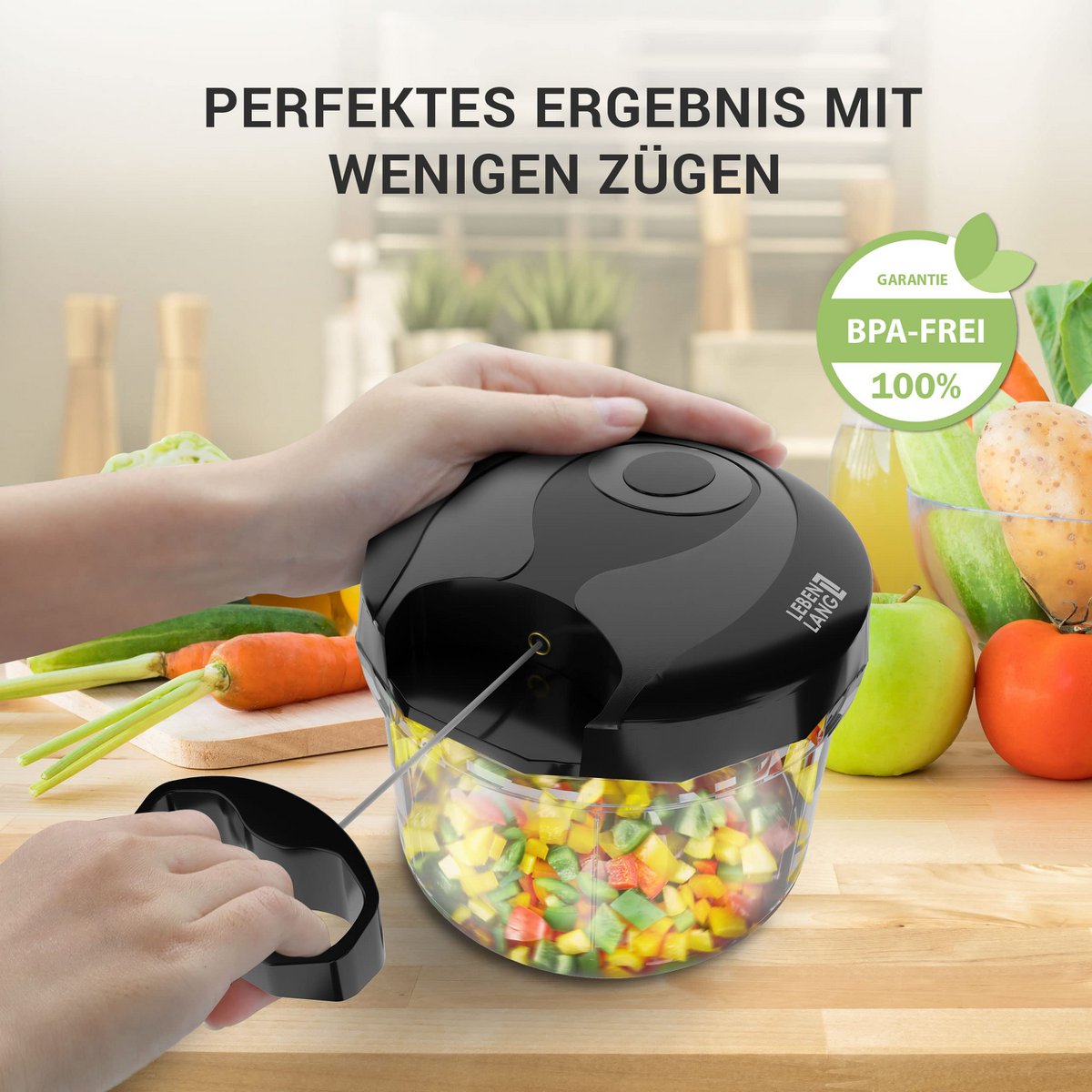 LEBENLANG Gemüse & Zwiebelschneider - 1L Obst Zerkleinerer manuell & BPA-Frei | Schwarz für Zwiebeln schneiden Knoblauch | Multifunktionschopper Küche Gemüseschneider Multizerkleinerer
