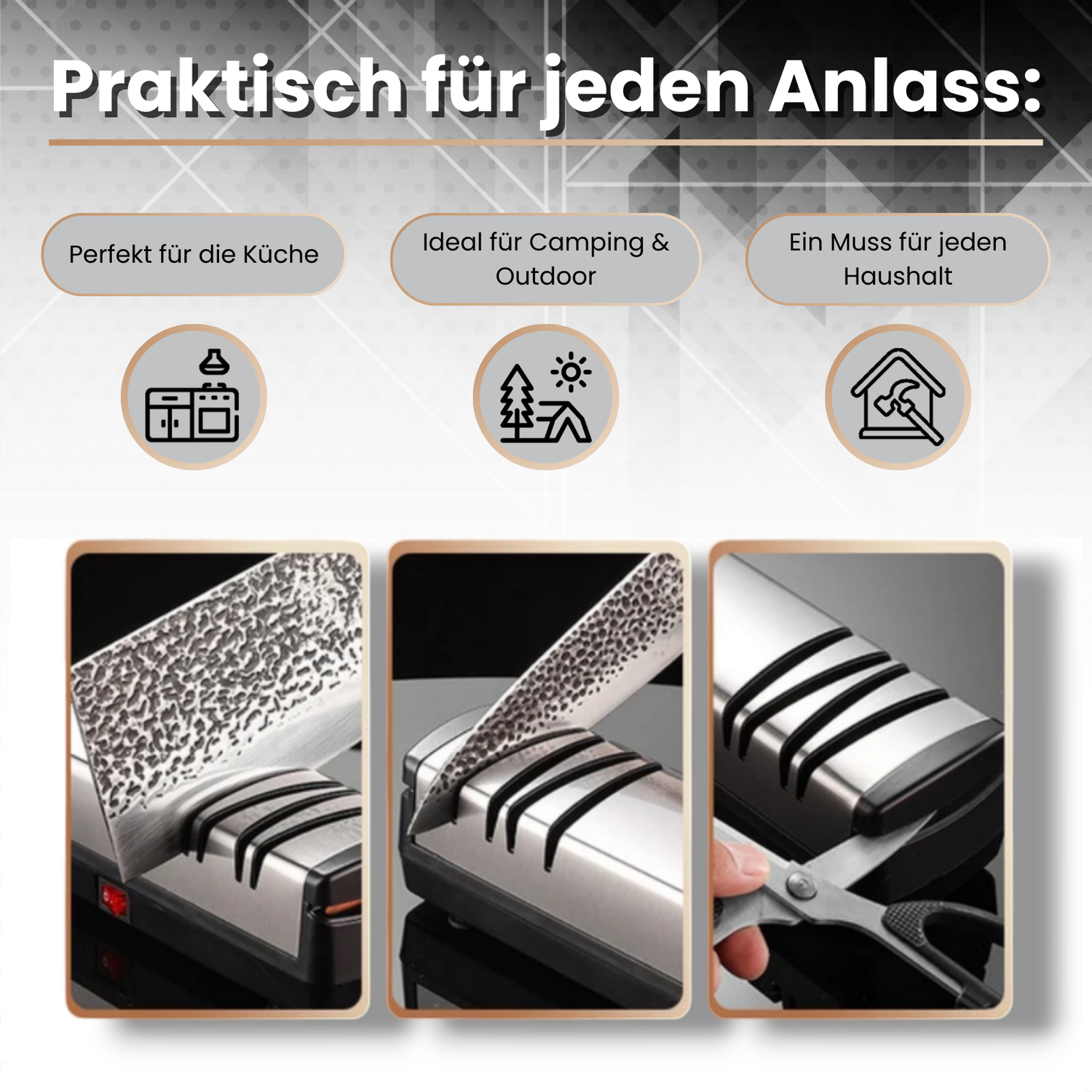 Messerglück® Elektrischer USB-Messerschärfer – Kabelloser Diamant-Schleifer für Messer & Scheren