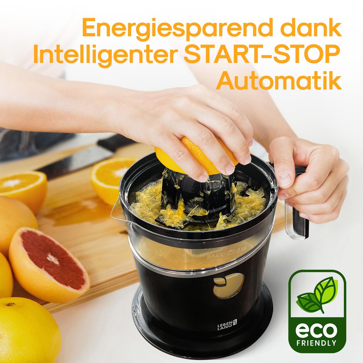 LEBENLANG Saftpresse elektrisch 800ml & Verstellbares Sieb - Orangenpresse, Zitruspresse, Zitronenpresse Obstpresse I Orangensaftpresse