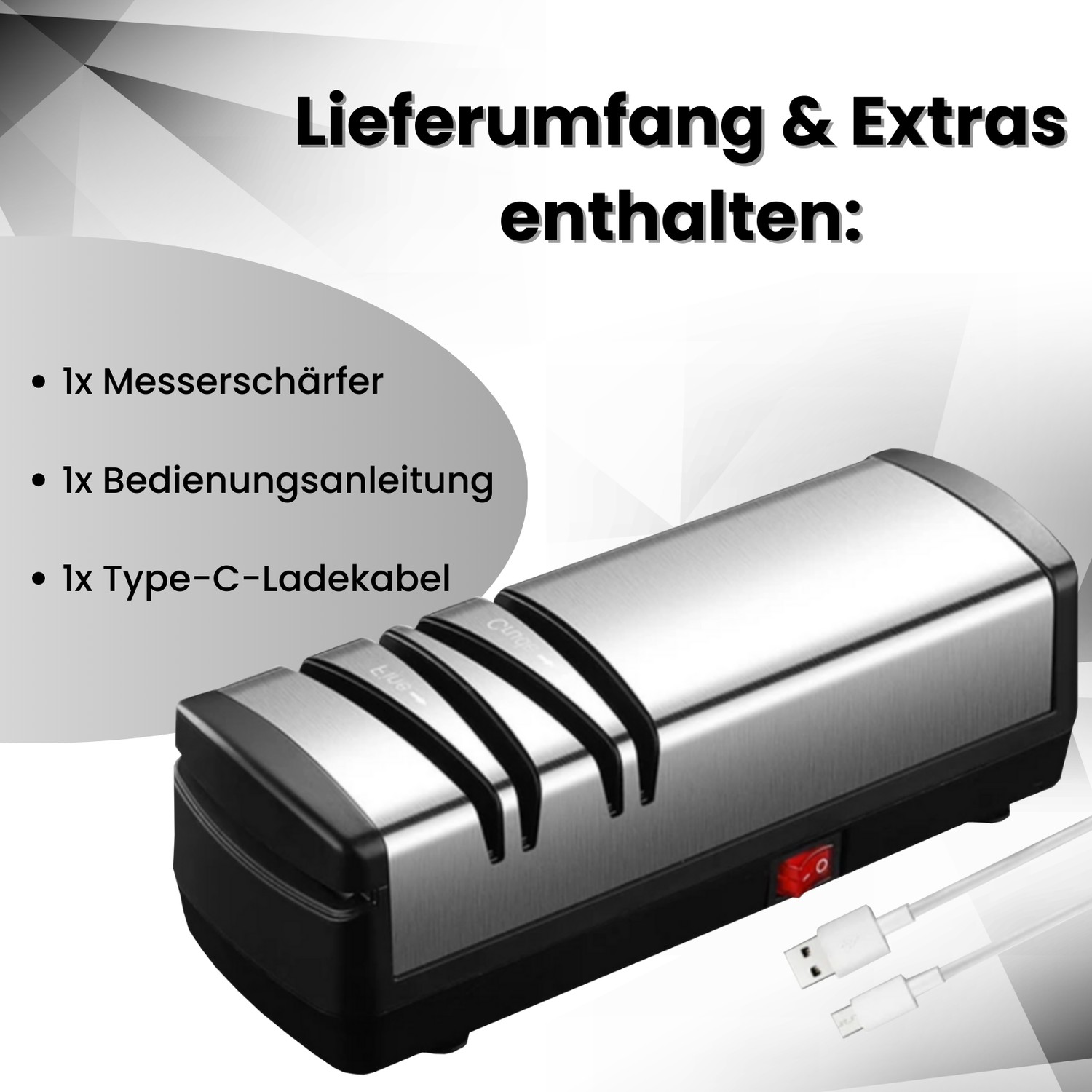 Messerglück® Elektrischer USB-Messerschärfer – Kabelloser Diamant-Schleifer für Messer & Scheren