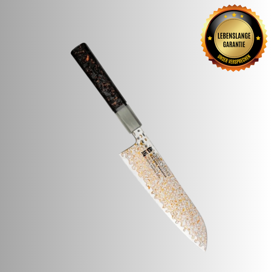 "SANTOKU" Luxury Damascus Steel Kitchen Knife, VG-10 Core, Made of Carbon Fiber and Copper / Lifetime Guarantee / FREE Sharpening Stone