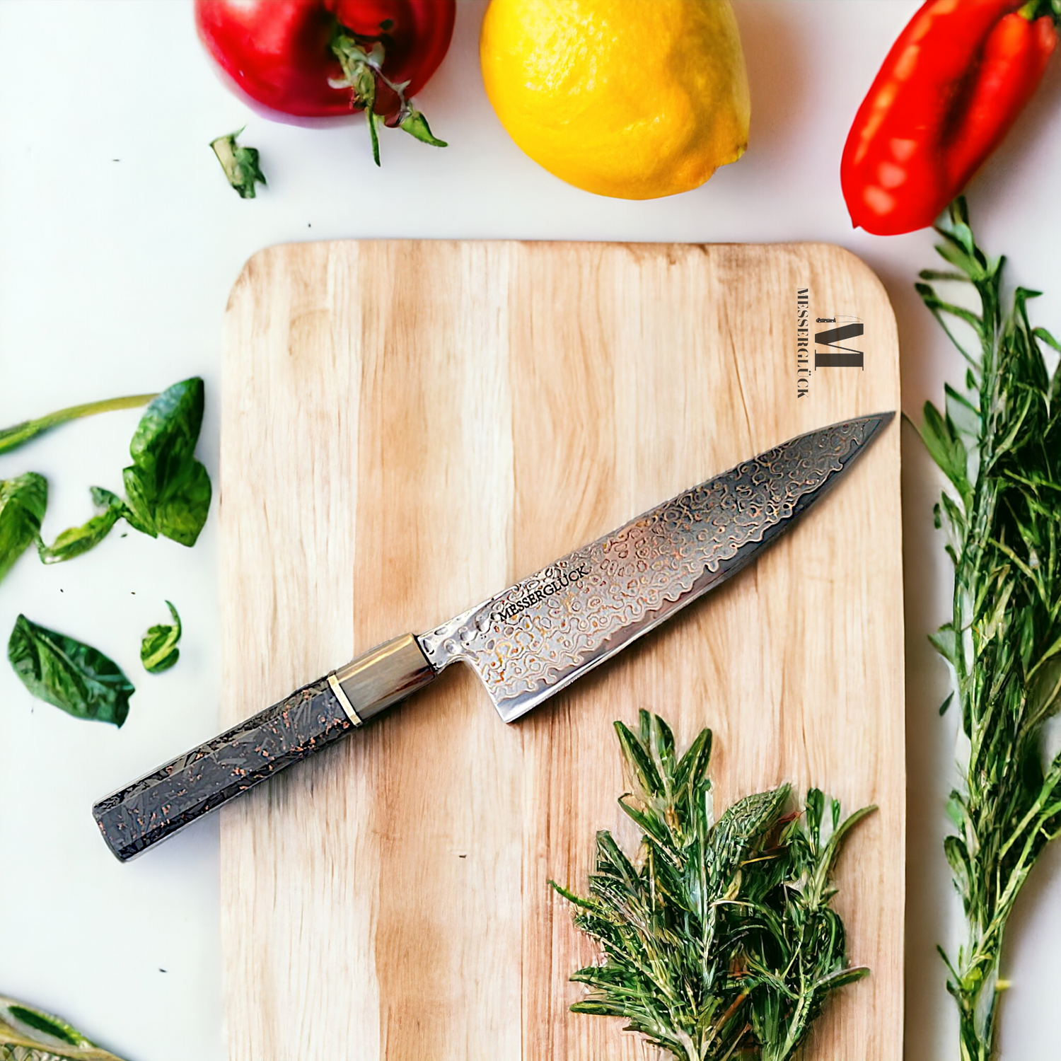 "CHEF" Luxus-Damaststahl-Küchenmesser, VG-10 Kern, aus Kohlefaser und Kupfer