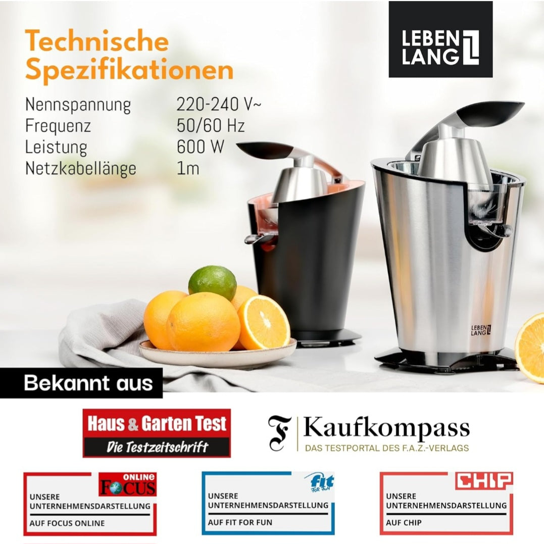 LEBENLANG Saftpresse elektrisch 600W - Inkl. Edelstahlkegel & BPA-Frei I Hohe Ergiebigkeit I Orangenpresse Zitruspresse Zitronenpresse Orangensaftpresse