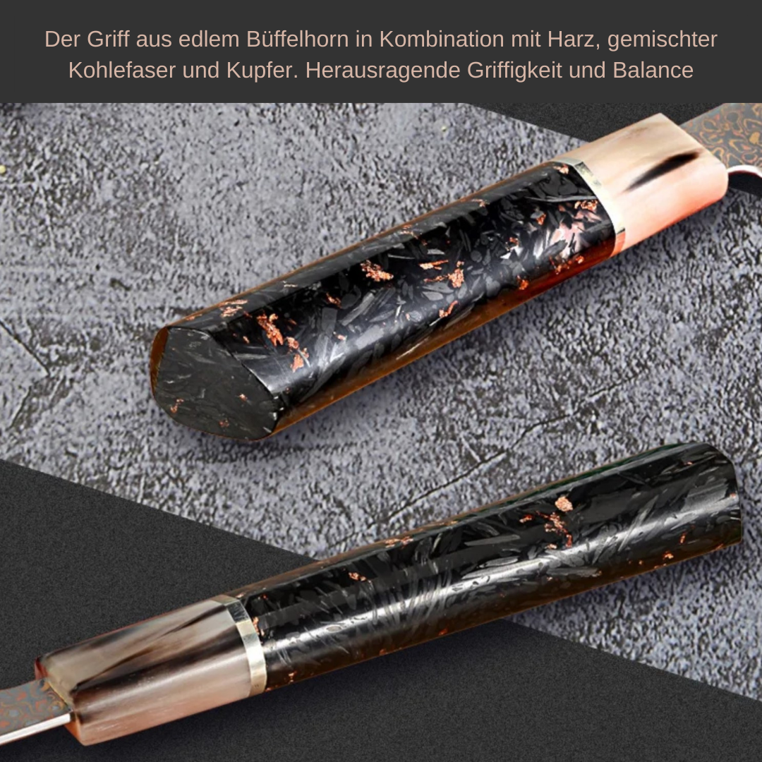 Luxurious kitchen knife set made of copper damascus steel with Japanese VG-10 core, buffalo horn, carbon fiber & copper resin mix, 6 pieces