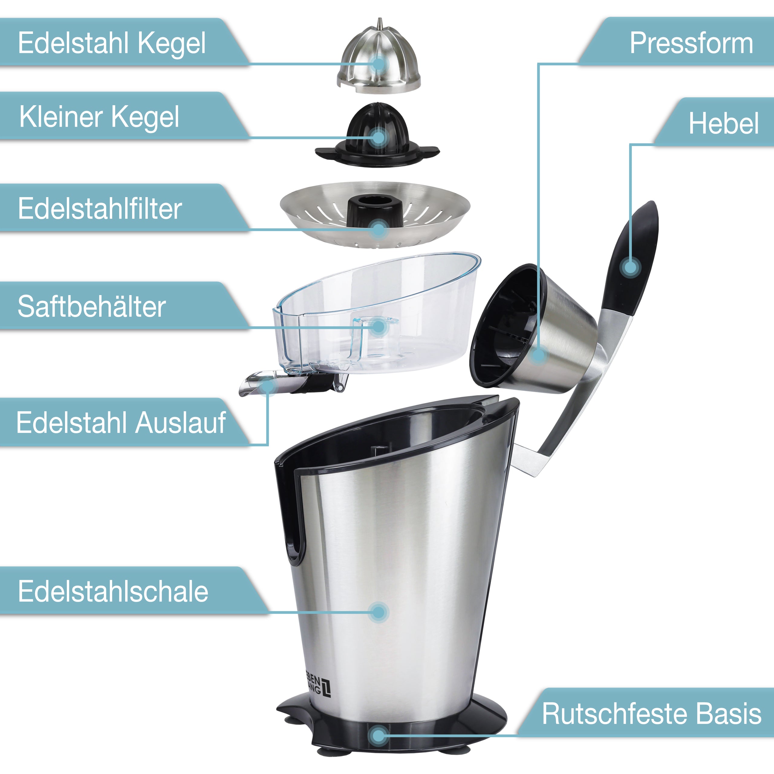 LEBENLANG Saftpresse elektrisch 600W - Inkl. Edelstahlkegel & BPA-Frei I Hohe Ergiebigkeit I Orangenpresse Zitruspresse Zitronenpresse Orangensaftpresse