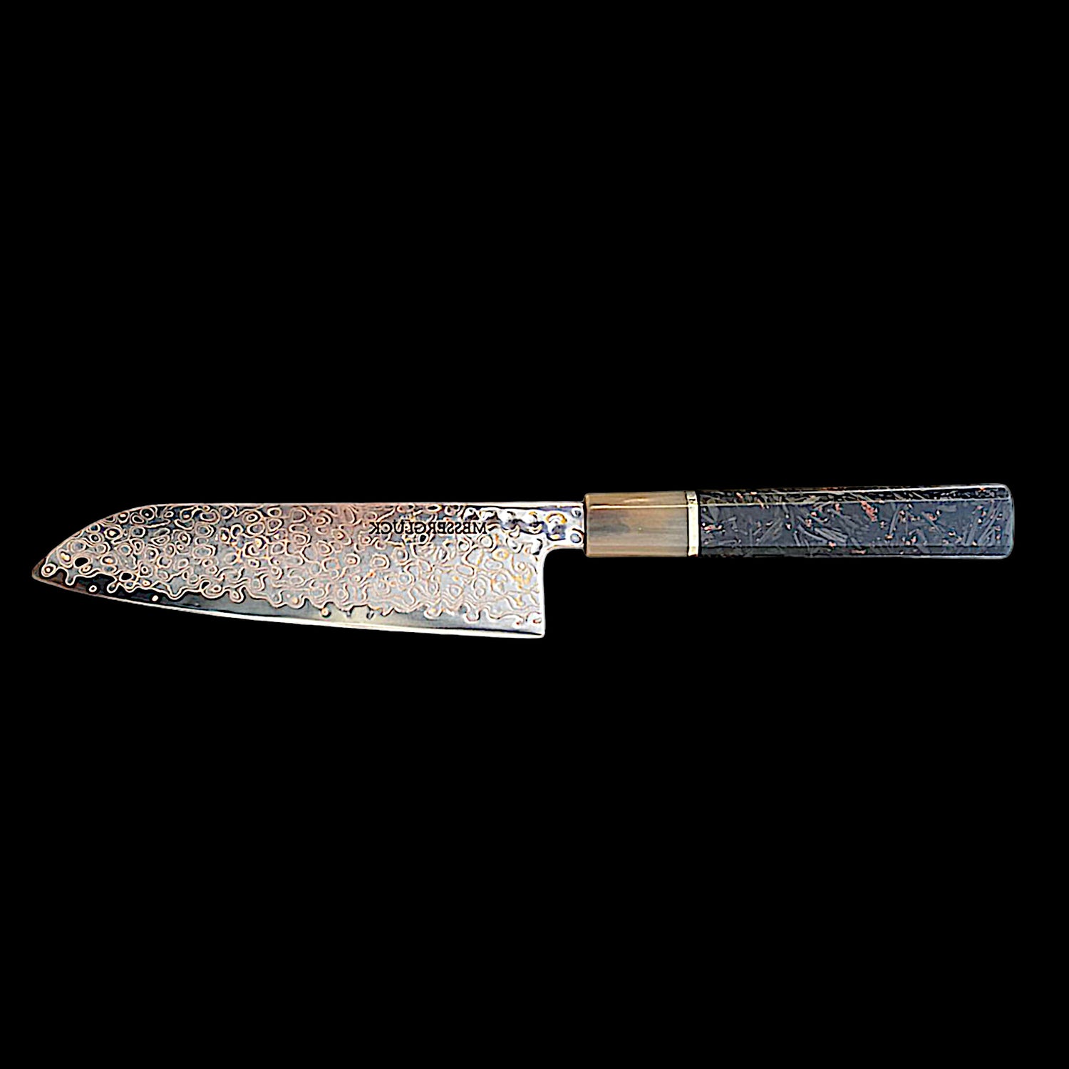 "SANTOKU" Luxury Damascus Steel Kitchen Knife, VG-10 Core, Made of Carbon Fiber and Copper / Lifetime Guarantee / FREE Sharpening Stone