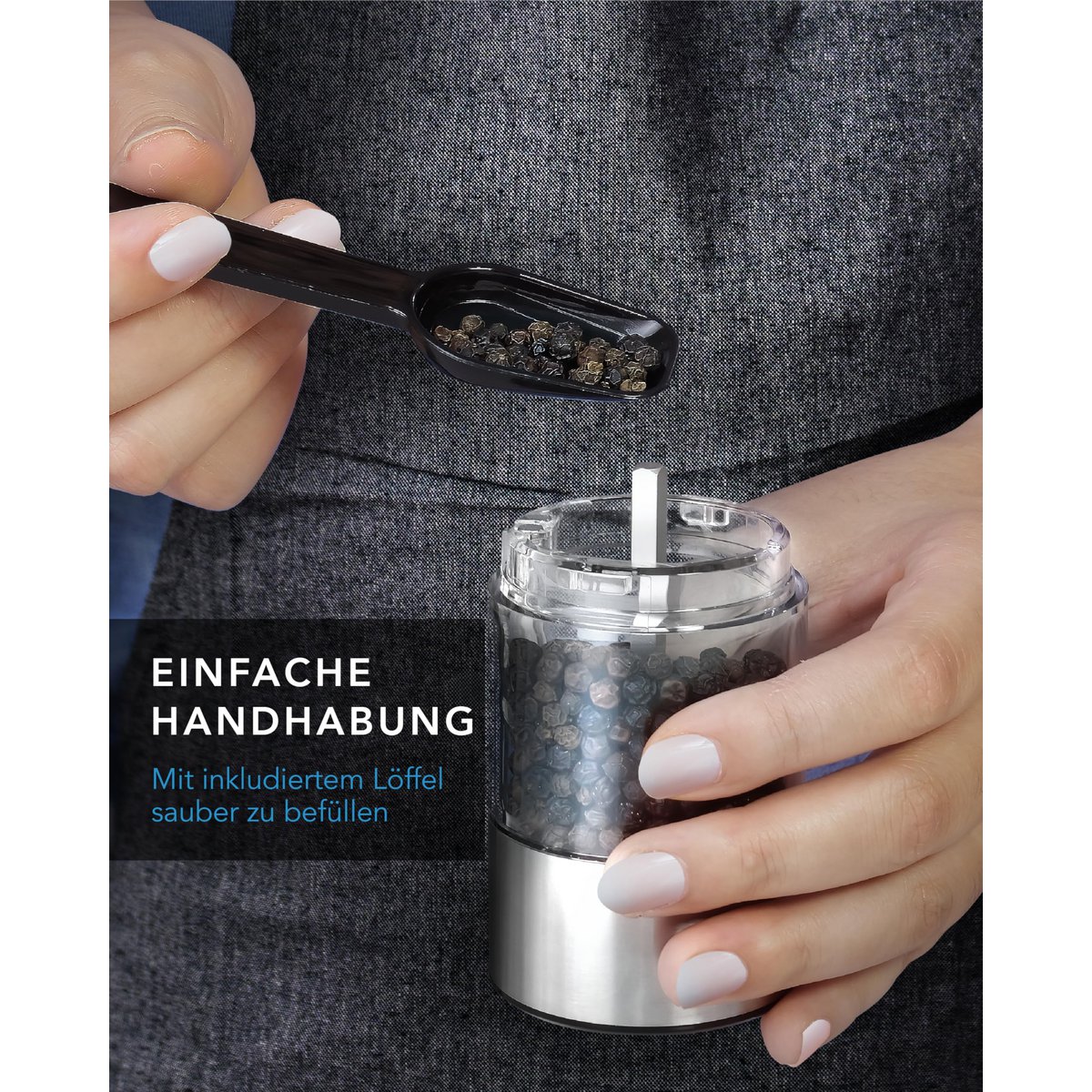 LEBENLANG Salz und Pfeffermühle Elektrisch - Wiederaufladbar & Viel Zubehör I Batterie Set I Pfefferstreuer Pfeffer und Salzmühle für grobes Salt