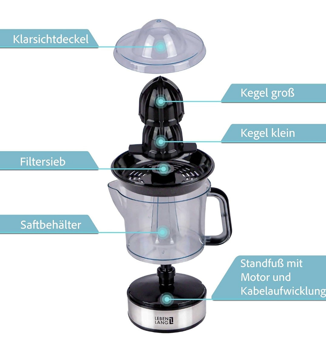 LEBENLANG Saftpresse elektrisch 700ml & Verstellbares Sieb - Orangenpresse, Zitruspresse, Zitronenpresse Obstpresse I Orangensaftpresse