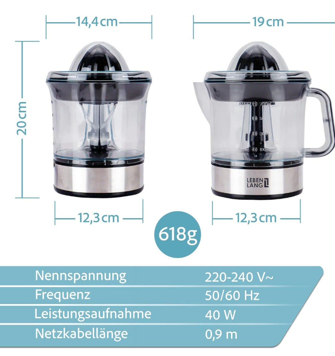 LEBENLANG Saftpresse elektrisch 700ml & Verstellbares Sieb - Orangenpresse, Zitruspresse, Zitronenpresse Obstpresse I Orangensaftpresse