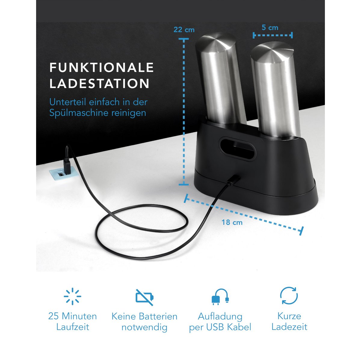 LEBENLANG Salz und Pfeffermühle Elektrisch - Wiederaufladbar &amp; Viel Zubehör I Batterie Set I Pfefferstreuer Pfeffer und Salzmühle für grobes Salt