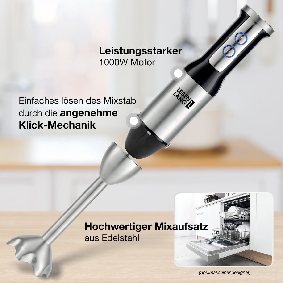 LEBENLANG 1000W Stabmixer Edelstahl - Mit Spritzschutz und 8 Stufen plus Turbo | Hochwertiger Pürierstab Edelstahl und Mixstab | Küche Zauberstab | Hand blender Rührstab