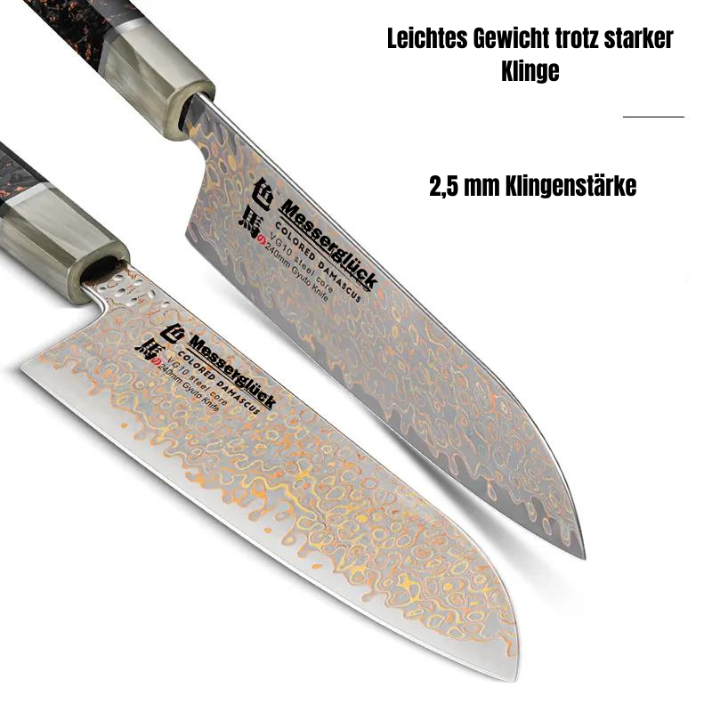 &quot;SANTOKU&quot; Luxus-Damaststahl-Küchenmesser, VG-10 Kern, aus Kohlefaser und Kupfer / Lebenslange Garantie / GRATIS Schleifstein