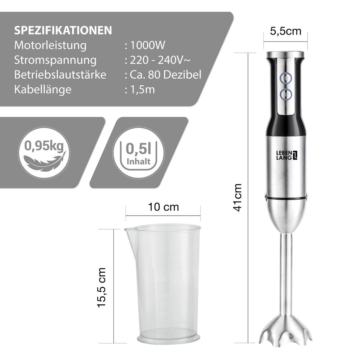 LEBENLANG 1000W Stabmixer Edelstahl - Mit Spritzschutz und 8 Stufen plus Turbo | Hochwertiger Pürierstab Edelstahl und Mixstab | Küche Zauberstab | Hand blender Rührstab