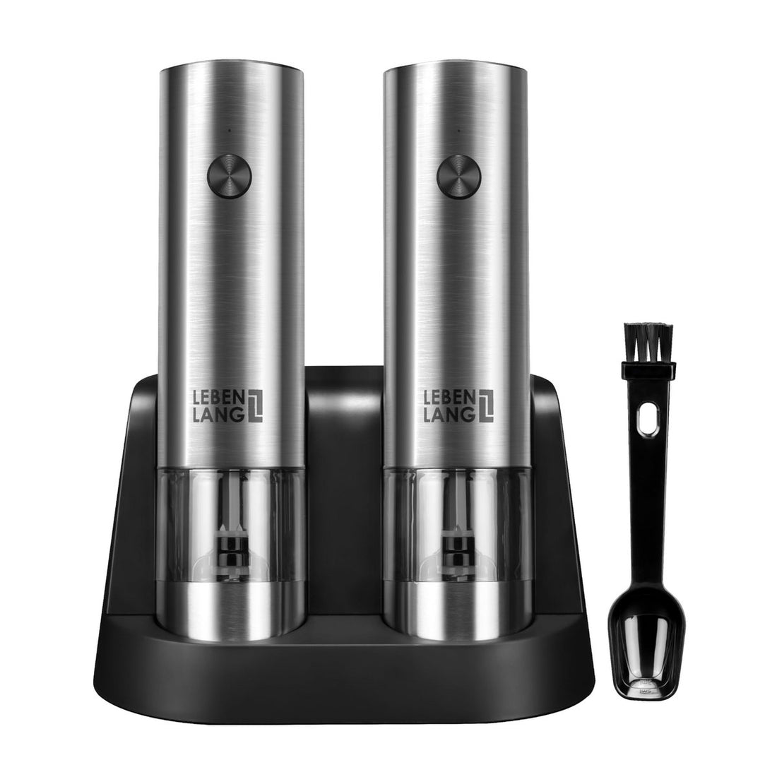 LEBENLANG Salz und Pfeffermühle Elektrisch - Wiederaufladbar & Viel Zubehör I Batterie Set I Pfefferstreuer Pfeffer und Salzmühle für grobes Salt