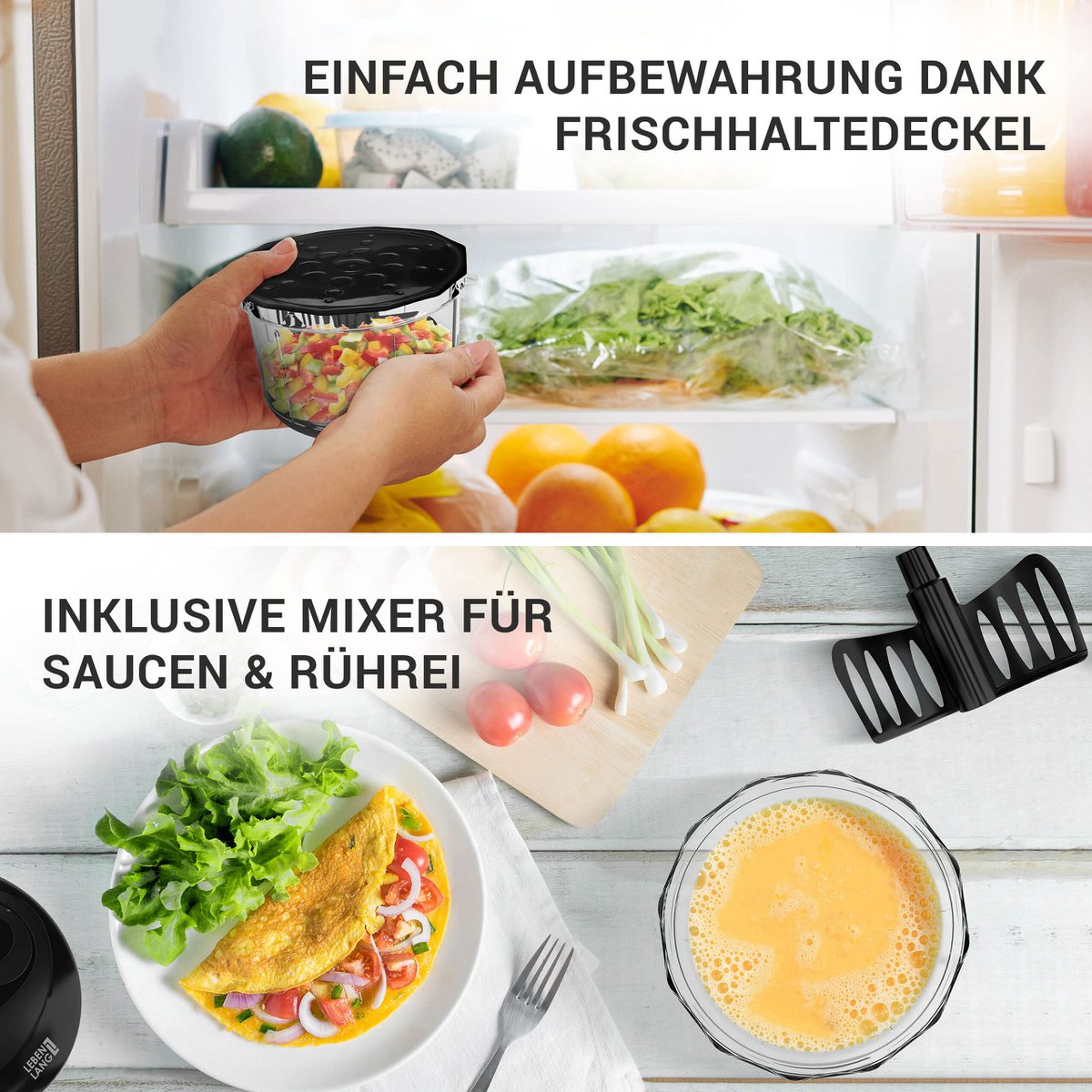 LEBENLANG Gemüse &amp; Zwiebelschneider - 1L Obst Zerkleinerer manuell &amp; BPA-Frei | Schwarz für Zwiebeln schneiden Knoblauch | Multifunktionschopper Küche Gemüseschneider Multizerkleinerer