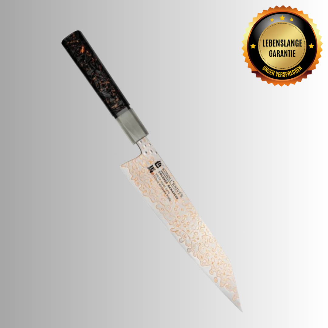 Coltello da cucina di lusso in acciaio damasco &quot;KIRITSUKE GIGANT&quot;, nucleo VG-10, fibra di carbonio e rame / Garanzia a vita / Pietra per affilare GRATUITA