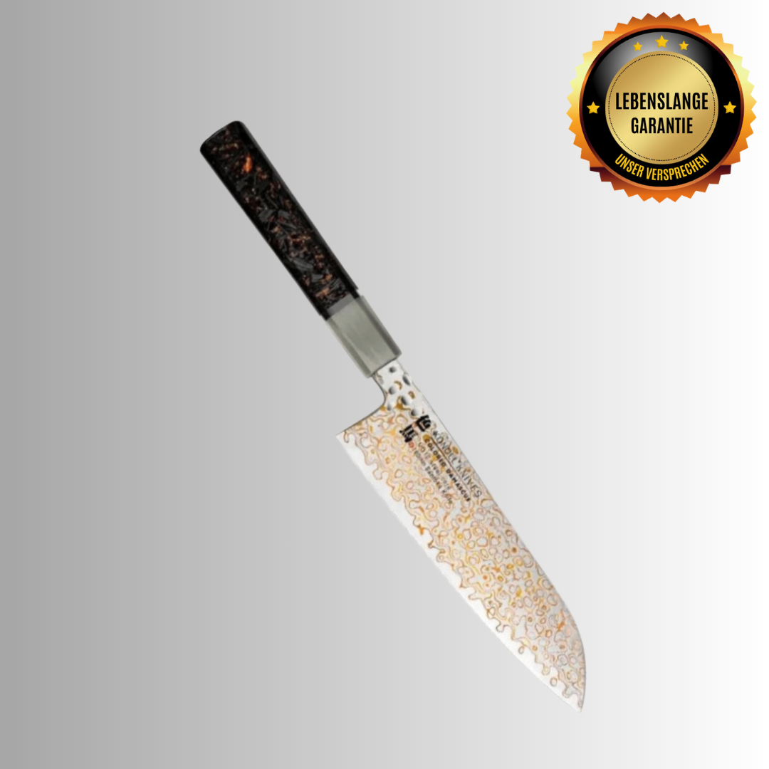 Coltello da cucina di lusso &quot;SANTOKU&quot; in acciaio damasco, nucleo VG-10, in fibra di carbonio e rame / Garanzia a vita / Pietra per affilare GRATUITA