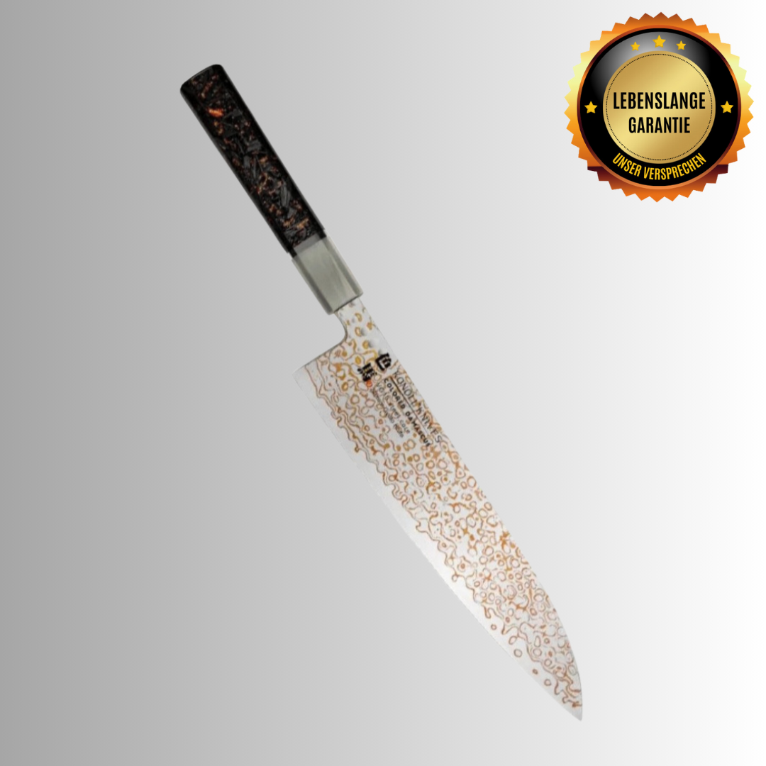 Coltello da cucina di lusso &quot;GYUTO&quot; in acciaio damasco, nucleo VG-10, fibra di carbonio e rame / Garanzia a vita / Pietra per affilare GRATUITA