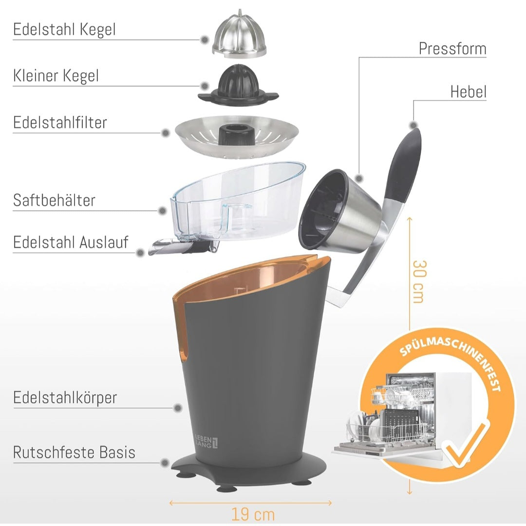 LEBENLANG Saftpresse elektrisch 600W - Inkl. Edelstahlkegel &amp; BPA-Frei I Hohe Ergiebigkeit I Orangenpresse Zitruspresse Zitronenpresse Orangensaftpresse