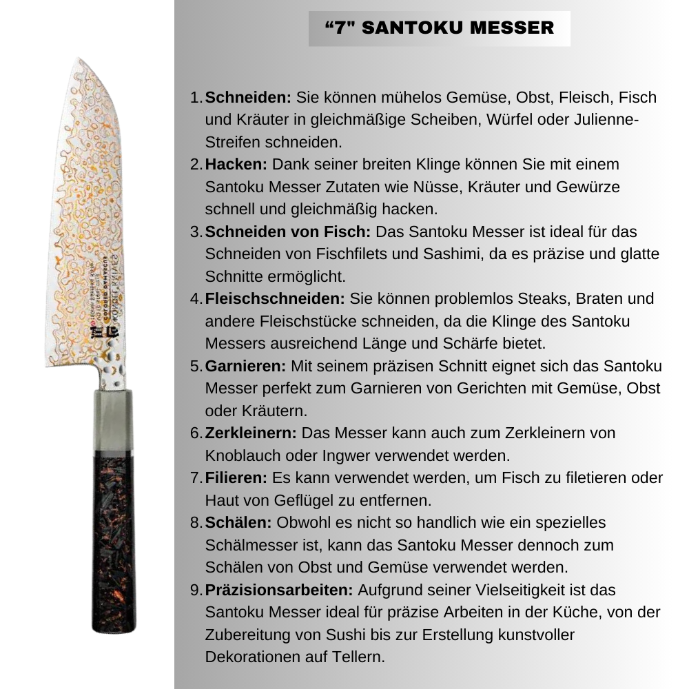 Coltello da cucina di lusso &quot;SANTOKU&quot; in acciaio damasco, nucleo VG-10, in fibra di carbonio e rame / Garanzia a vita / Pietra per affilare GRATUITA