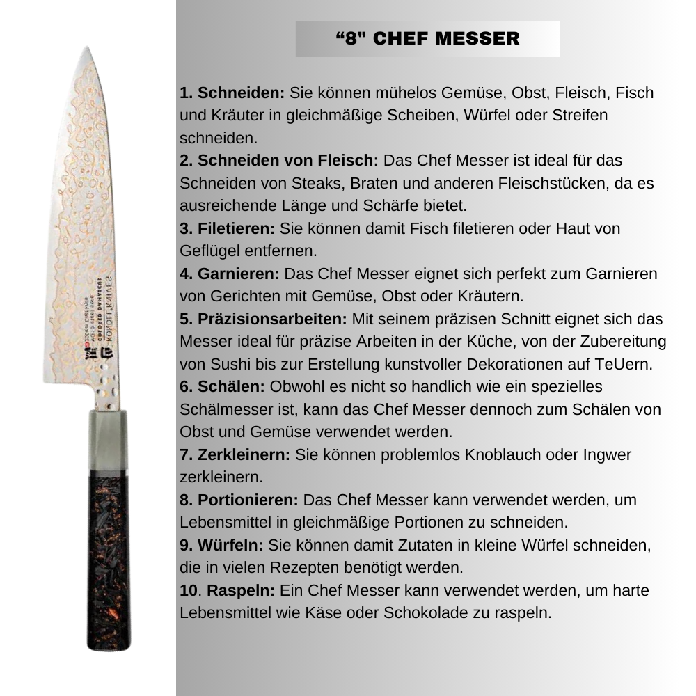 &quot;CHEF&quot; Luxus-Damaststahl-Küchenmesser, VG-10 Kern, aus Kohlefaser und Kupfer / Lebenslange Garantie / GRATIS Schleifstein