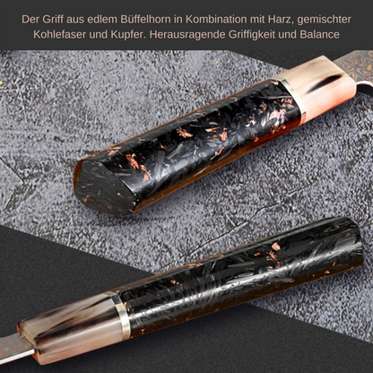 Luxuriöses Küchenmesserset aus Kupfer-Damaststahl mit japanischem VG-10 Kern, Büffelhorn, Harz-Mix aus Carbonfaser &amp; Kupfer, 6-teilig