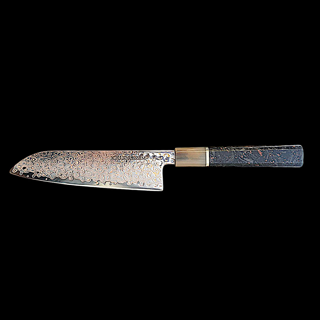 "SANTOKU" Luxury Damascus Steel Kitchen Knife, VG-10 Core, Made of Carbon Fiber and Copper / Lifetime Guarantee / FREE Sharpening Stone