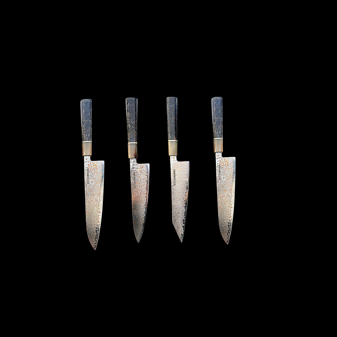 Luxurious kitchen knife set made of copper damascus steel with Japanese VG-10 core, buffalo horn, carbon fiber & copper resin mix, 6 pieces